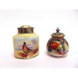 A LOCKE & CO WORCESTER JAR with silver plated mounted top, painted with a pheasant signed 'H WALL'