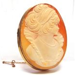 A SHELL CAMEO BROOCHthe female profile to a 9 carat gold mount with a fine ropework border, 5.4 x