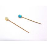 AN OPAL BEAD STICKPIN and a turquoise stickpin