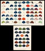 A pair of decorative colour lithographs illustrating sporting colours and caps,