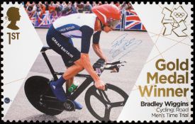 A Bradley Wiggins signed Gold Medal Winner postage stamp enlargement, from a limited edition,