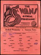 Swansea Town v Sheffield Wednesday programme 22nd September 1936,