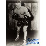 Framed signed photographic prints of the boxers Jake LaMotta ("Raging Bull") and Sir Henry Cooper,