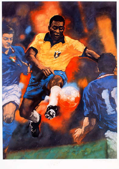 A Pele signed limited edition print, Pele depicted in action for Brazil,