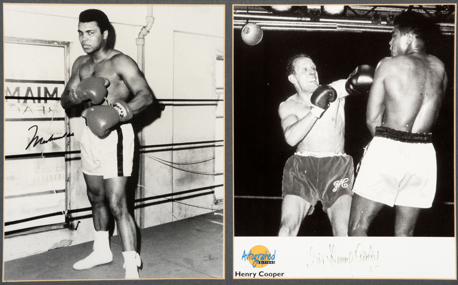 A framed signed photographic presentation of the boxers Muhammad Ali and Sir Henry Cooper,