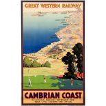 A 1930s Great Western Railway Poster for the Cambrian Coast featuring a group of golfers in the
