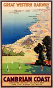 A 1930s Great Western Railway Poster for the Cambrian Coast featuring a group of golfers in the