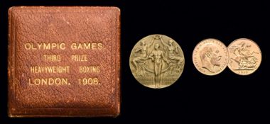 A London 1908 Olympic Games bronze prize medal awarded to the British heavyweight boxer Frederick