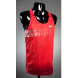 A Mo Farah signed athletics vest, the red Nike vest signed in silver marker pen,