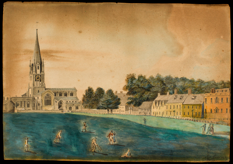 Original watercolour of cricket being played on Church Green, Whitney, Oxfordshire,