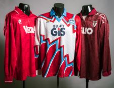 Three Italian football club jerseys, a Fabio Mencuccini maroon Reggiana No.