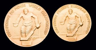 Stockholm 1954 World and European Ice Hockey Championships pair of gold first-place prize medals