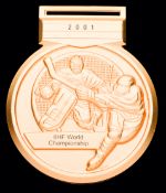 A gold first-place prize medal for the 2001 World Ice Hockey Championships in Germany awarded to an