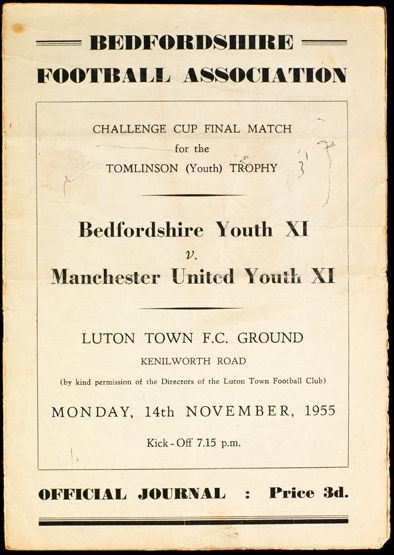 Bedfordshire Youth v Manchester United Youth programme for the Tomlinson Challenge Cup Final played