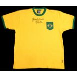 Pele signed Brazil replica jersey, signed "Good Luck" in black marker pen,