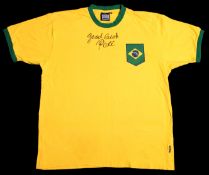 Pele signed Brazil replica jersey, signed "Good Luck" in black marker pen,