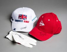 A Colin Montgomerie signed golf cap and glove, sold together with a golf cap signed by Tony Jacklin,