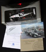 David Coulthard signed cards with a 1:18 scale model of his F1 McLaren Mercedes,