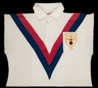 Jim Brough 1936 Great Britain Rugby League Tour shirt, white with red & blue 'v',