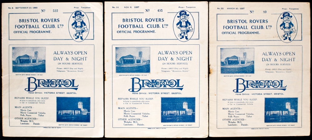 Three Bristol Rovers 1930s programmes, Luton Town 20.3.37, Aldershot 6.11.37 & Southend United 10.9.