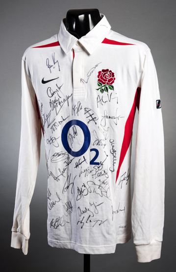 A team-signed white England replica rugby shirt season 2004-05,