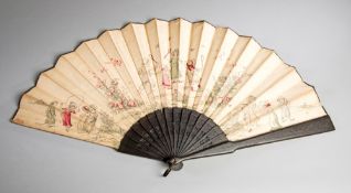 Ladies fan decorated with a scene of children playing shuttlecock late 19th century,