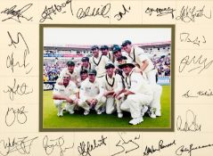 A signed Australia 2001 Ashes cricket team photographic presentation, a 7 by 9in.