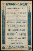 Cornithians v Newcastle United programme 29th January 1927, F.A.