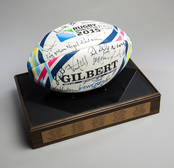 A rugby ball signed at the 2015 Rugby World Cup,