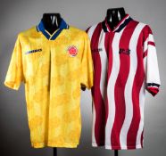 Two South/North American international football jerseys, a red & white striped USA No.