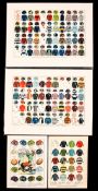 A group of four decorative colour lithographs illustrating rugby football colours and caps,