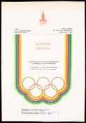 Moscow 1980 Olympic Games participation diploma, creased, 42.5 by 29.5cm., 16 3/4 by 11 1/2in.