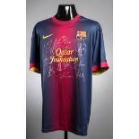 A team-signed Barcelona home replica jersey, 13 signatures in silver marker pen, Messi, Neymar,