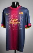 A team-signed Barcelona home replica jersey, 13 signatures in silver marker pen, Messi, Neymar,