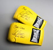 Pair of Amir Khan signed boxing gloves, yellow Lonsdale gloves,