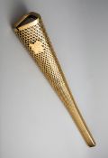 A 2012 London Olympic Games bearer's torch, of tapering, triangular form, gold coloured,