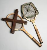 A collection of 17 vintage wooden framed tennis racquets, all with a concave wedge,