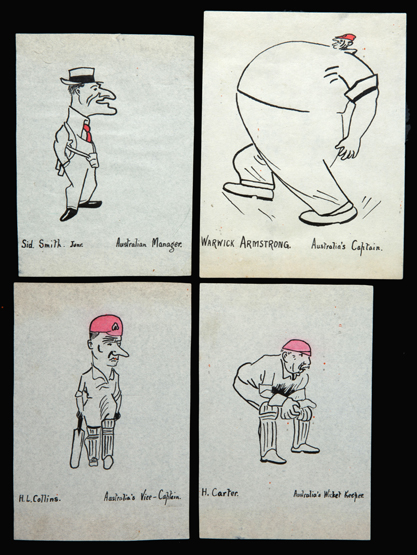 A collection of 13 original artist drawn caricatures of the 1921 touring Australian cricket team,
