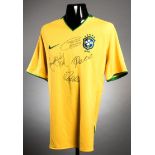 A signed Brazil legends replica jersey, signed in black marker pen by Pele, Ronaldhino,