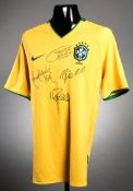 A signed Brazil legends replica jersey, signed in black marker pen by Pele, Ronaldhino,
