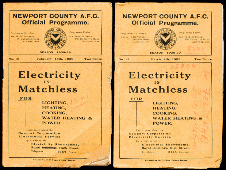 Two Newport County programmes season 1938-39,