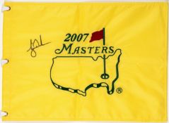 A Tiger Woods signed 2007 Masters souvenir pin flag, signature in black marker pen, mounted,