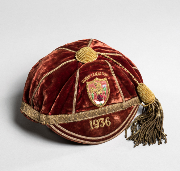 Jim Brough red 1936 Great Britain Rugby League Tour cap, with a crest bearing national emblems,