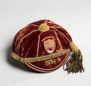 Jim Brough red 1936 Great Britain Rugby League Tour cap, with a crest bearing national emblems,