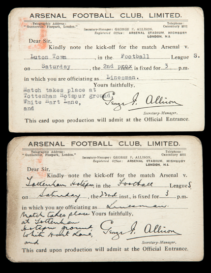 Pair of Arsenal FC officiator's cards sent to linesmen with details of forthcoming wartime fixtures