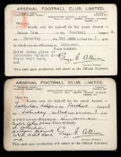 Pair of Arsenal FC officiator's cards sent to linesmen with details of forthcoming wartime fixtures