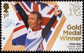 A Chris Hoy signed Gold Medal Winner postage stamp enlargement, from a limited edition,