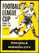 League Cup Final 1st Leg programme Rochdale v Norwich City 26th April 1962, 2 team changes,