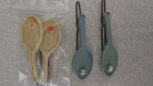 Two pairs of 1950s 'Little Mo' tennis racquet hair slides, blue and white plastic,