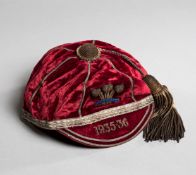 A red Wales international rugby union cap 1935-36, original recipient unknown,